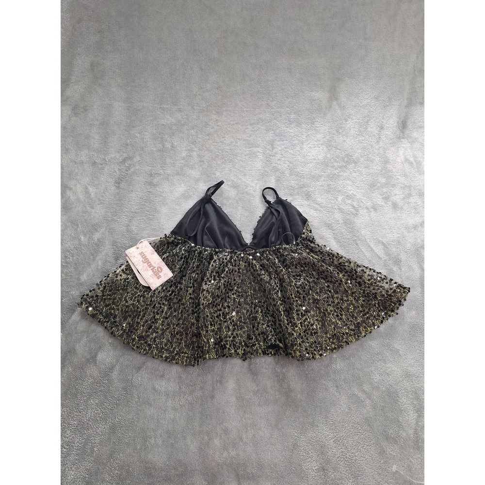 Sugarkiss Womens XL Black Gold Sequin Metallic Mesh Babydoll Camisole Crop‎ Top - Picture 5 of 6